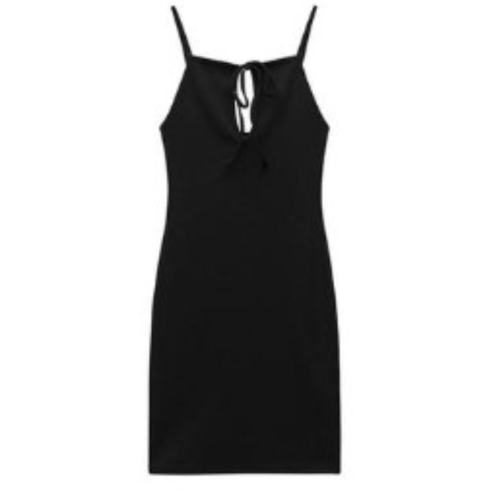 Minimalist Black Knit Halter Dress wiht a Keyhole and Tie Neckline